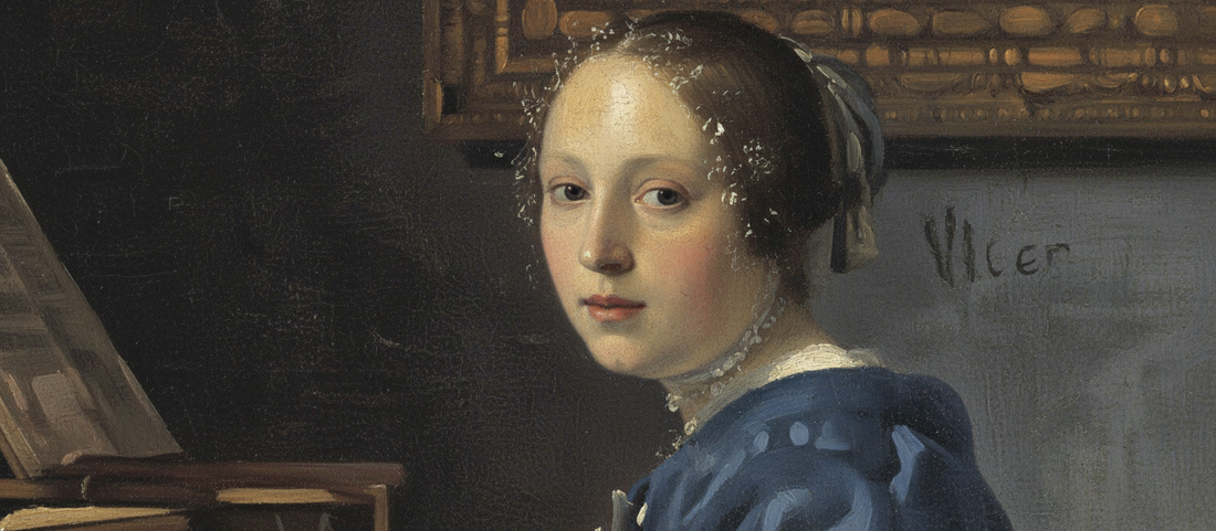 Lady Seated at the Virginal by Johannes Vermeer, c. 1675, Dutch Golden Age interior painting with musical instrument