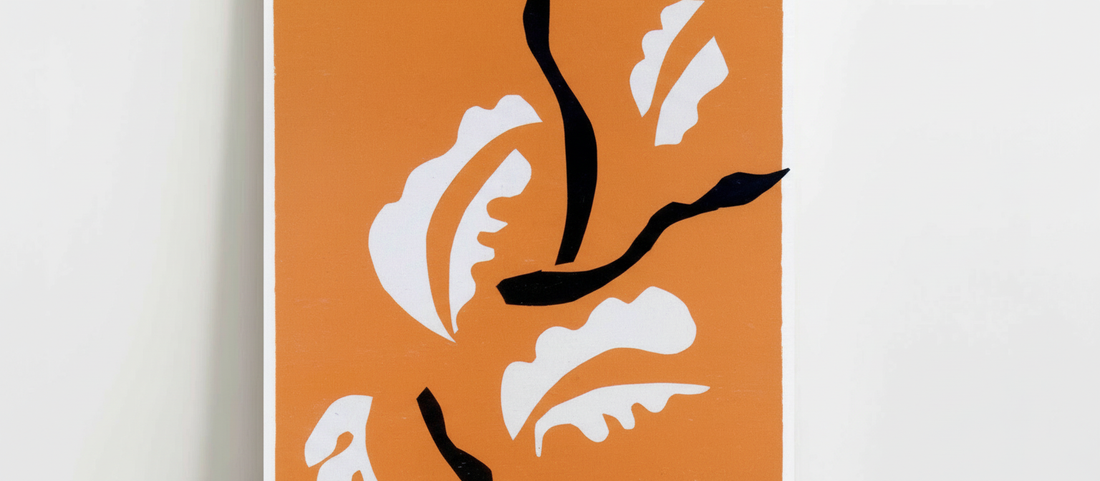Acrobatic Dancer by Henri Matisse, 1949, cut paper gouache depicting an orange figure in dynamic motion against a yellow background