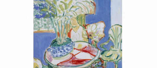 Small Interior in Blue (1947) by Henri Matisse, featuring flattened decorative space with blue patterned wallpaper, yellow armchair, and red table in abstract interior composition