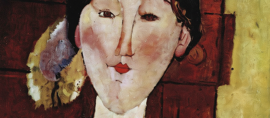 Beatrice Hastings 1915 by Amedeo Modigliani, portrait showing elongated face with almond-shaped eyes, downcast gaze, and muted greenish-grey background