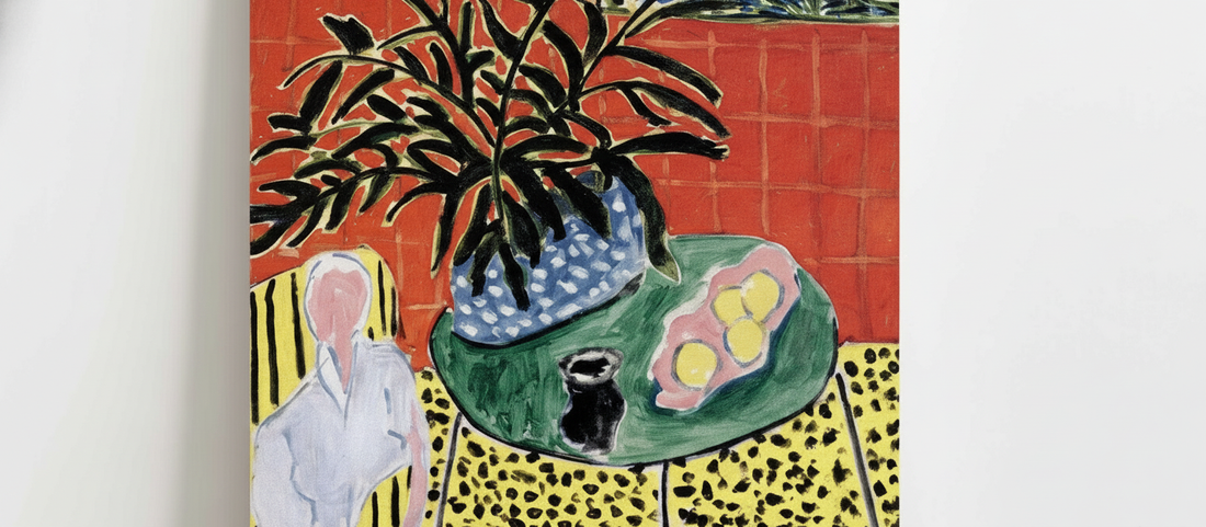 Interior with a Black Fern by Henri Matisse, 1948, modernist interior painting with black fern motif against patterned wallpaper and geometric floor tiles