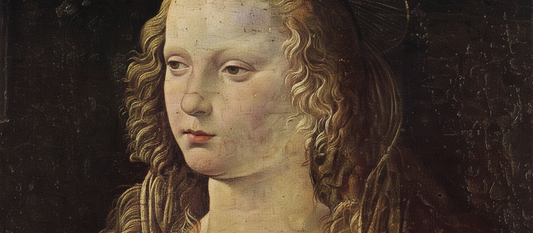 The Annunciation by Leonardo da Vinci, 1472-1475, detail of the Virgin Mary reading at a marble lectern in a Renaissance garden setting
