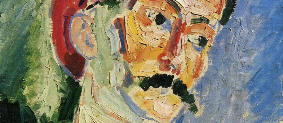 Andre Derain portrait by Henri Matisse, 1905, showing Fauvist technique with green stripe down face and bold non-naturalistic color zones