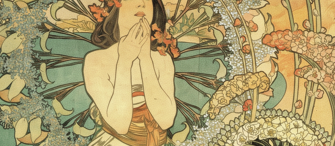 Monaco Monte Carlo 1897 Art Nouveau poster by Alphonse Mucha featuring female figure with golden botanical ornaments and decorative typography