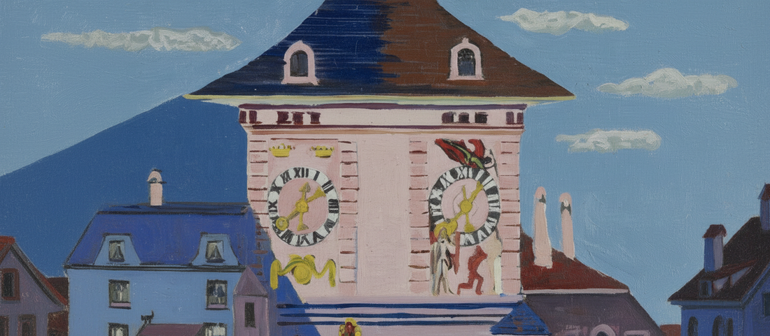 Bern with Belltower 1935 by Ernst Ludwig Kirchner, German Expressionist cityscape painting with angular architecture in blues, violets, and ochres