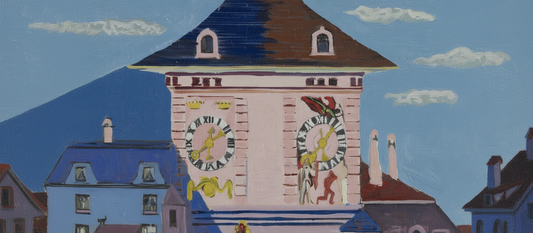 Bern with Belltower 1935 by Ernst Ludwig Kirchner, German Expressionist cityscape painting with angular architecture in blues, violets, and ochres