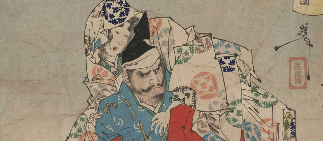 Omori Hikoshichi by Taiso Yoshitoshi, 1880s, Japanese woodblock print depicting a muscular samurai lifting a temple bell under moonlight