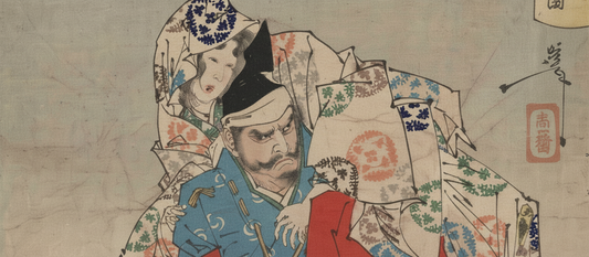Omori Hikoshichi by Taiso Yoshitoshi, 1880s, Japanese woodblock print depicting a muscular samurai lifting a temple bell under moonlight