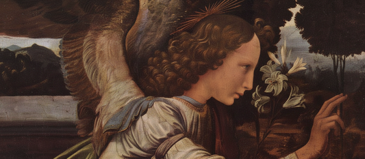 Annunciation Angel by Leonardo da Vinci, 1472-1475, Renaissance painting showing angel with detailed wings and atmospheric perspective