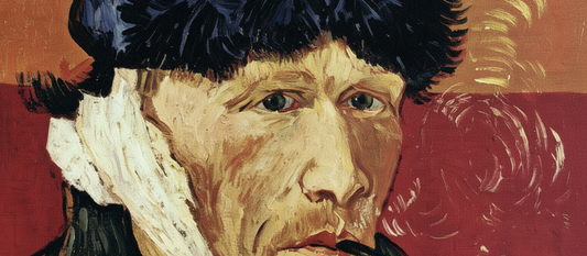 Vincent van Gogh Self-portrait with Pipe and Bandaged Ear, 1889, oil on canvas showing the artist wearing a green coat and fur hat with white bandage over his ear