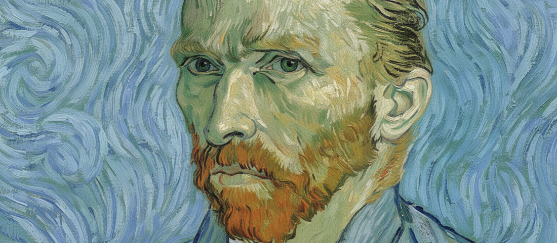 Self-portrait (1890) by Vincent van Gogh, showing the artist's penetrating gaze against a blue-green swirling background in his final self-portrait