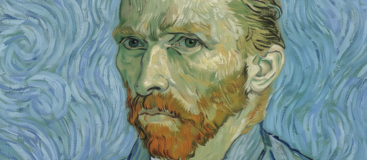 Self-portrait (1890) by Vincent van Gogh, showing the artist's penetrating gaze against a blue-green swirling background in his final self-portrait