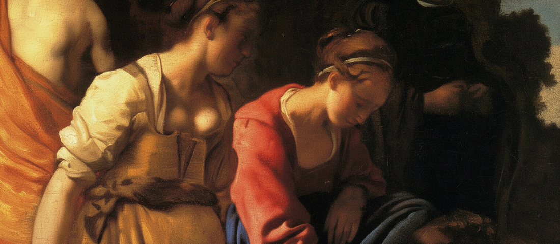 Diana and her Companions by Johannes Vermeer, 1655-56, showing mythological scene in dark Baroque style with goddess Diana and attendants