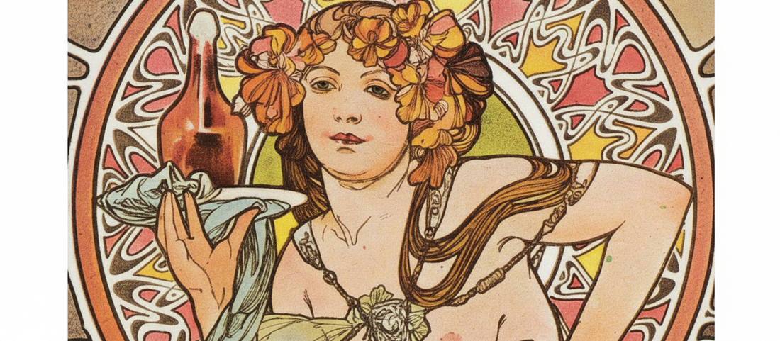 Nectar by Alphonse Mucha, 1899, Art Nouveau decorative panel showing woman surrounded by primrose flowers and bees in circular composition