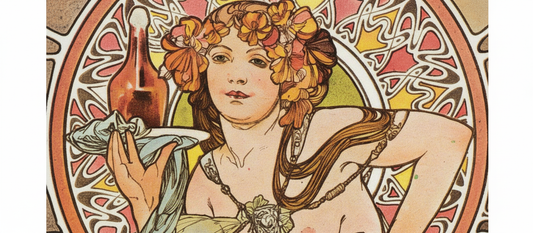 Nectar by Alphonse Mucha, 1899, Art Nouveau decorative panel showing woman surrounded by primrose flowers and bees in circular composition