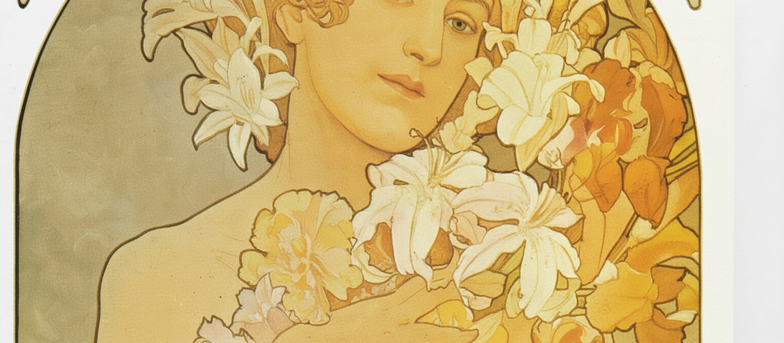 La Fleur by Alphonse Mucha, 1897, Art Nouveau decorative panel featuring woman with poppy flowers and ornate background patterns