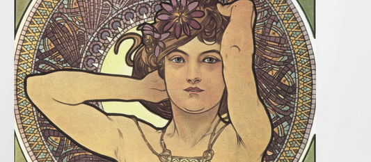 Amethyst by Alphonse Mucha, 1900, Art Nouveau lithograph featuring woman in purple with jeweled Byzantine headdress