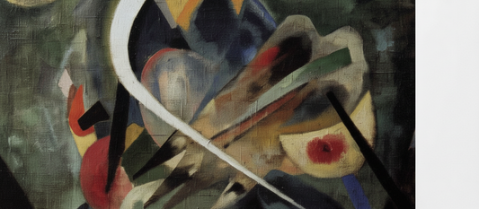 Wassily Kandinsky's White Stroke, 1920, abstract geometric composition featuring white diagonal brushstroke over structured grid of colored rectangles