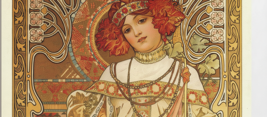 Autumn by Alphonse Mucha 1899, Art Nouveau decorative panel featuring woman surrounded by chrysanthemums and grapevines with Byzantine ornamental frame