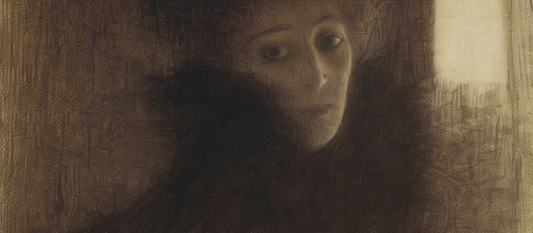 Lady with Cape and Hat by Gustav Klimt, 1897-98, portrait of a fashionably dressed woman in Art Nouveau style with naturalistic face and decorative clothing