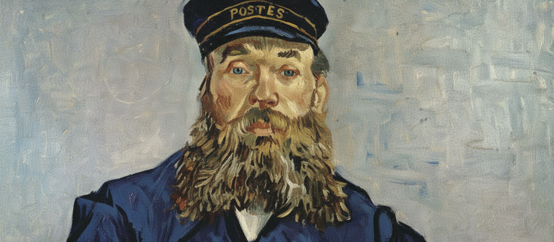 Portrait of Joseph Roulin the Postman by Vincent van Gogh, 1888, showing a bearded postal worker in blue uniform with yellow buttons