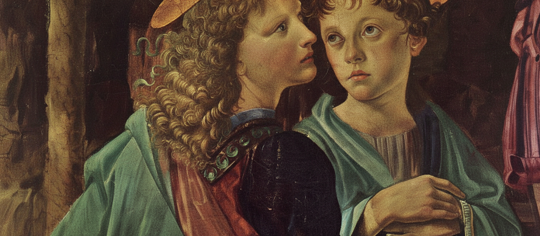 Baptism of Christ painting by Leonardo da Vinci and Verrocchio from 1475 showing the contrast between Leonardo's softer angel and Verrocchio's traditional style