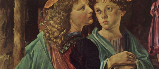 Baptism of Christ painting by Leonardo da Vinci and Verrocchio from 1475 showing the contrast between Leonardo's softer angel and Verrocchio's traditional style