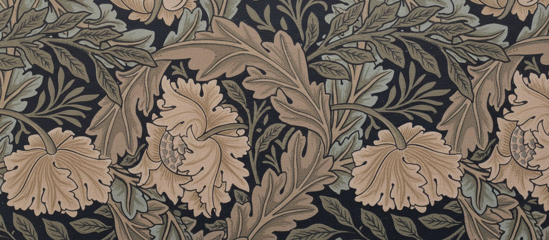 Acanthus and Poppy by William Morris, 19th century wallpaper design featuring stylized acanthus leaves and poppy flowers in repeating pattern