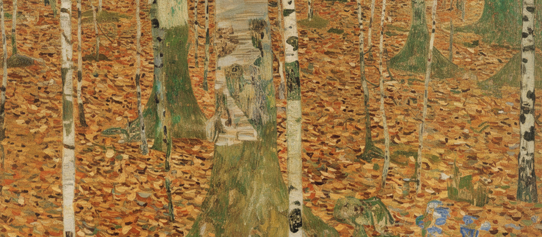 Birch Forest by Gustav Klimt, 1903, showing white birch tree trunks arranged in square format with decorative mosaic-like foliage