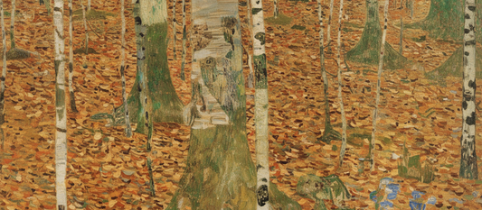 Birch Forest by Gustav Klimt, 1903, showing white birch tree trunks arranged in square format with decorative mosaic-like foliage