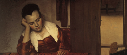 A Woman Asleep by Johannes Vermeer, 1657, depicting a woman sleeping at a table with wine, fruit, and an empty chair in a Dutch interior
