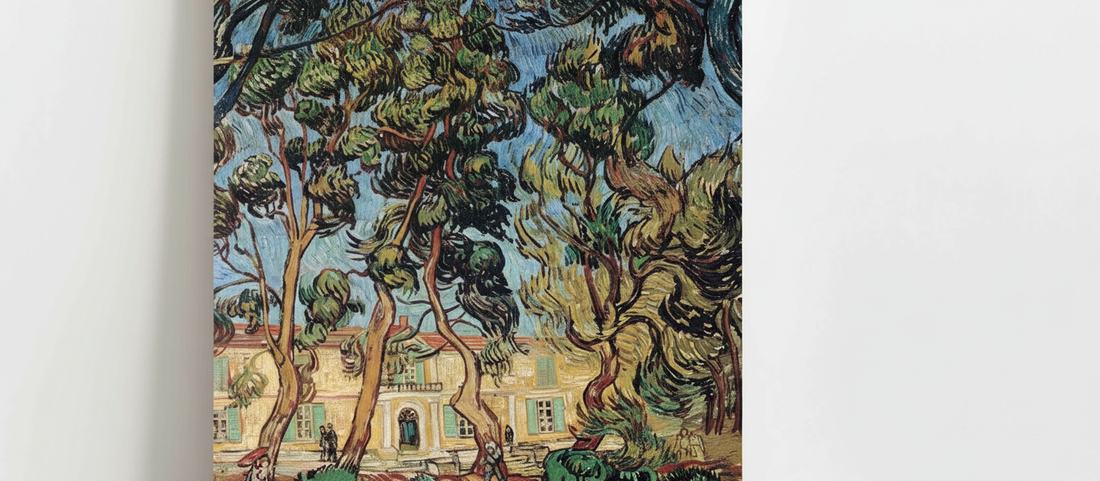 Trees in Front of the Asylum (1889) by Vincent van Gogh, Post-Impressionist landscape painting featuring pine trees in bold brushstrokes from Saint-Rémy asylum period
