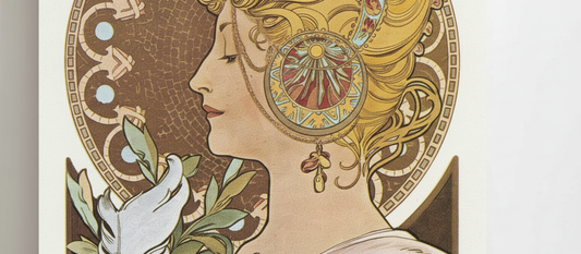 Pen 1897 by Alphonse Mucha - Art Nouveau allegorical decorative panel depicting feminine personification of writing
