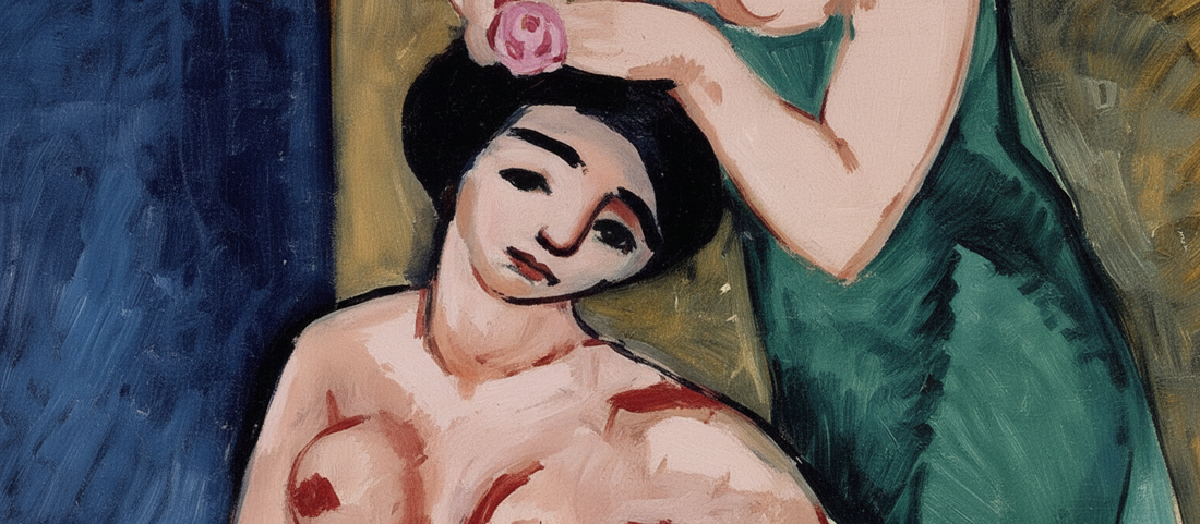 Women at their Toilet by Henri Matisse, 1907, Fauvist painting showing two women with bold complementary colors and decorative patterns