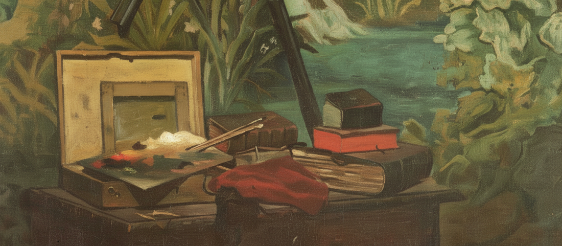 Corner of the Studio by Claude Monet, 1861, intimate realist interior painting showing artist's workspace with Japanese prints