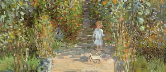 Claude Monet's Artist's Garden at Vétheuil, 1880, impressionist oil painting depicting a sunlit garden path lined with vibrant sunflowers and summer blooms