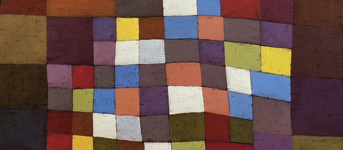 Blossoming (1934) by Paul Klee - abstract geometric artwork with colored squares creating botanical growth pattern