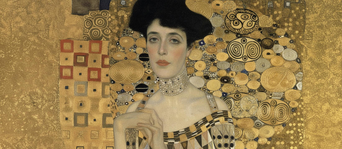 Gustav Klimt's Adele Bloch-Bauer I from 1907, featuring intricate gold leaf patterns and symbolic Egyptian and Byzantine motifs