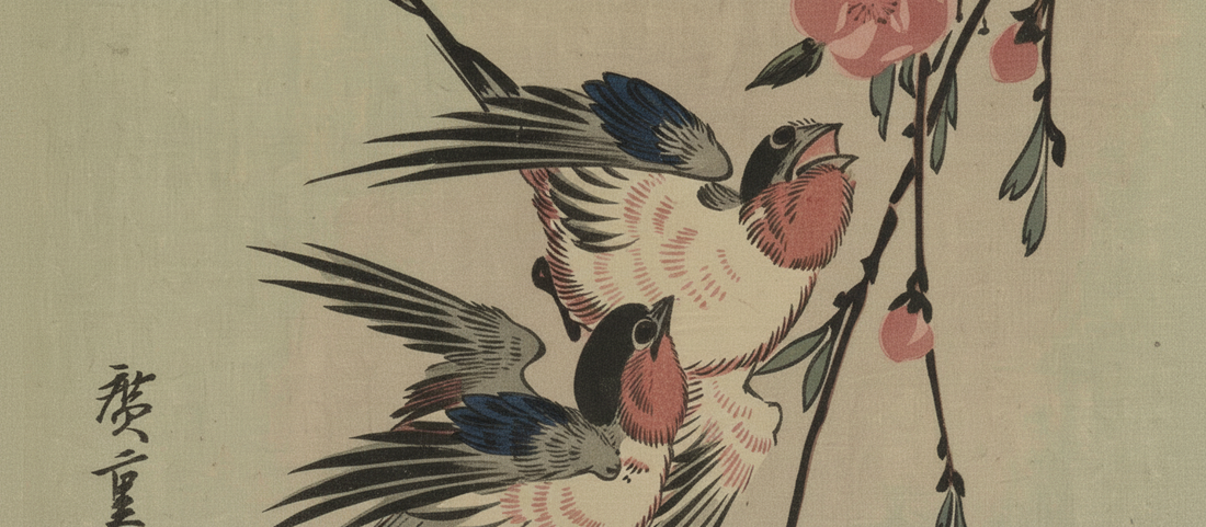 Moon, Swallows, and Peach Blossoms by Hiroshige, 1850s, Japanese ukiyo-e woodblock print showing swallows in flight near peach blossoms with moon in pale sky