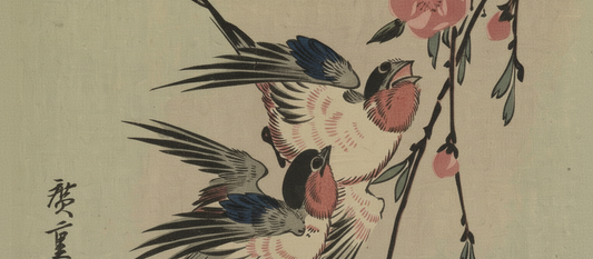 Moon, Swallows, and Peach Blossoms by Hiroshige, 1850s, Japanese ukiyo-e woodblock print showing swallows in flight near peach blossoms with moon in pale sky