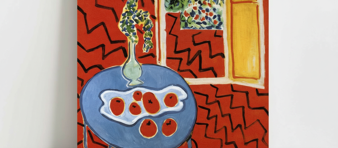 Red Interior, Still Life on Blue Table (1947) by Henri Matisse, featuring bold red walls and a vibrant blue table with abstract still life objects