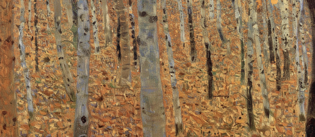 Beech Forest I by Gustav Klimt, 1902, oil painting showing dense beech trees with dappled light filtering through foliage