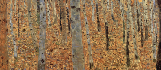 Beech Forest I by Gustav Klimt, 1902, oil painting showing dense beech trees with dappled light filtering through foliage