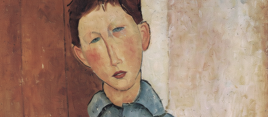 Boy in a Blue Jacket (1918) by Amedeo Modigliani, modernist portrait featuring elongated neck, averted gaze, and vibrant cobalt blue jacket