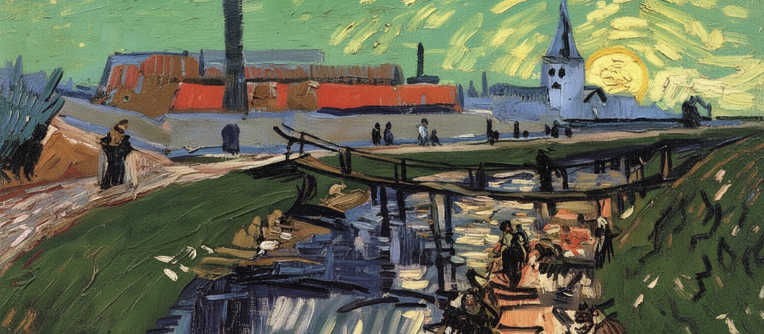 Canal with Women Washing by Vincent van Gogh, 1888, Post-Impressionist painting of washerwomen along a Provençal canal