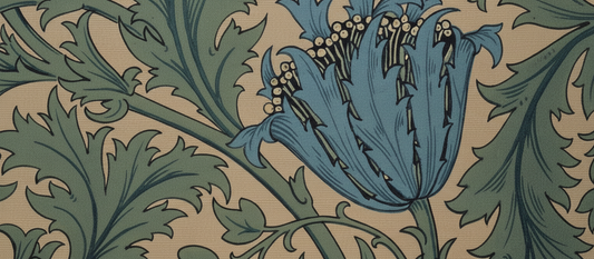 Anemone by William Morris 1876 showing detailed botanical wallpaper pattern with wood anemone flowers in blue and white