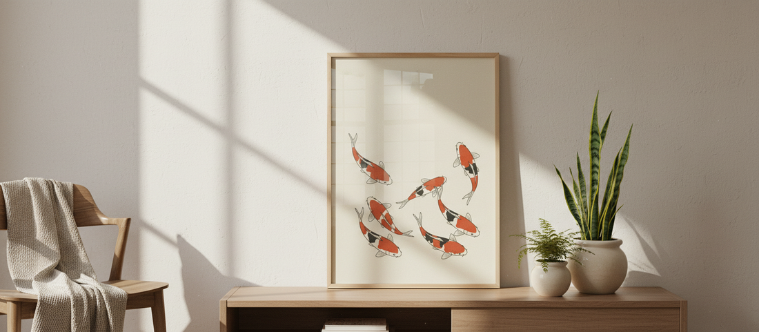 Japandi-style koi art print featuring koi fish swimming gracefully, embodying tranquility and elegance