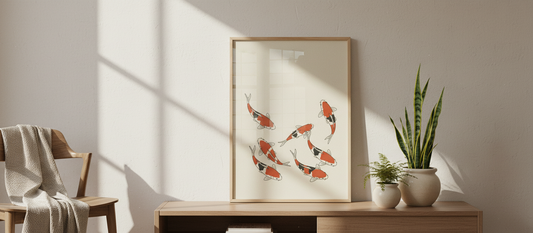 Japandi-style koi art print featuring koi fish swimming gracefully, embodying tranquility and elegance