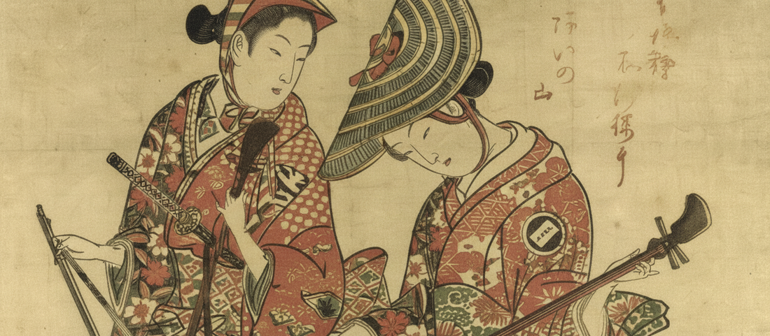 Actors as Yaoya O'shichi and Kichisaburo by Okumura Masanobu, 1750, depicting kabuki actors in early benizuri-e color woodblock print technique