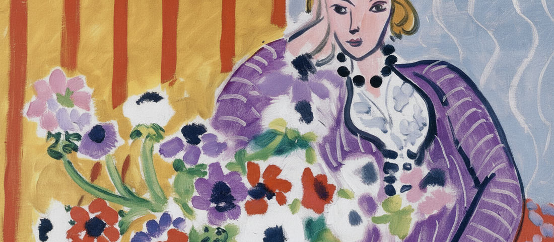Purple Robe and Anemones by Henri Matisse, 1937, featuring bold striped purple robe, red anemones, and competing decorative patterns